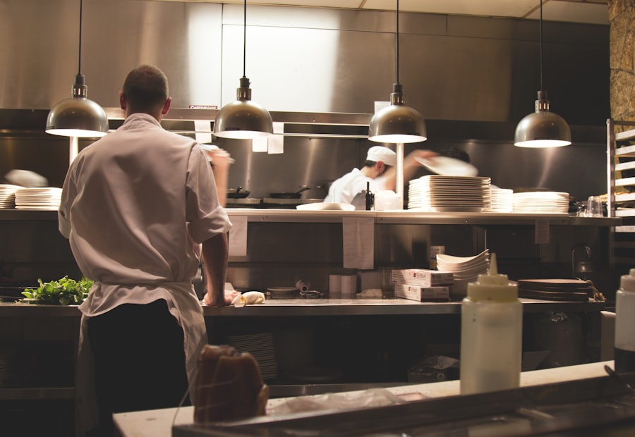 Cooks working the line in a professional kitchen