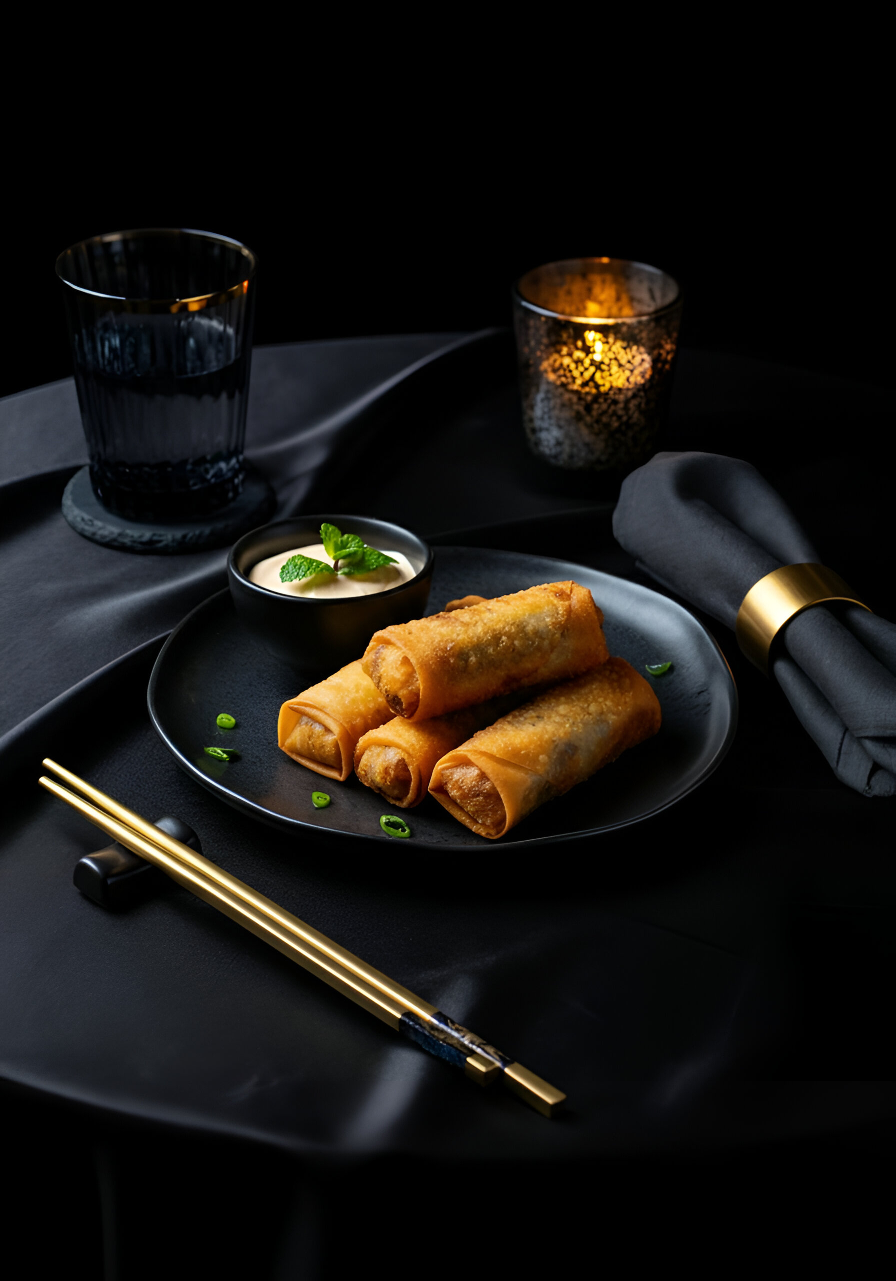A candlelit restaurant table with a plated dish